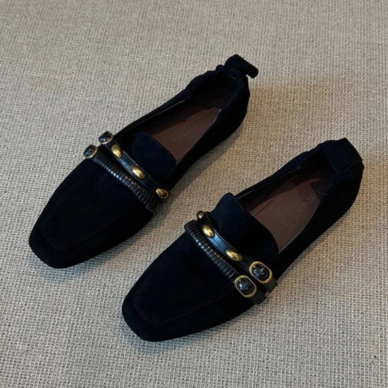 British Style Suede Square Toe Loafers Retro Belt Buckle Design Flats Shoes Comfortable Casual Commute Office Shoe