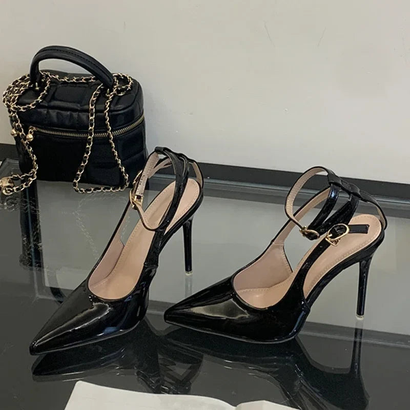 Pointed Toe Ankle Strap High Heels Elegant Party Shallow Brand Shoes Backless Stripper Shoes