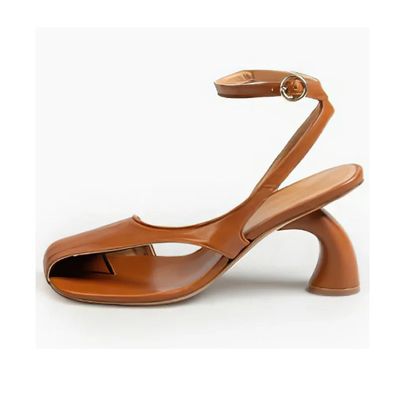 Leather Sandals Square Toe Ankle Strap Chunky Heel Elegant Party Evening
