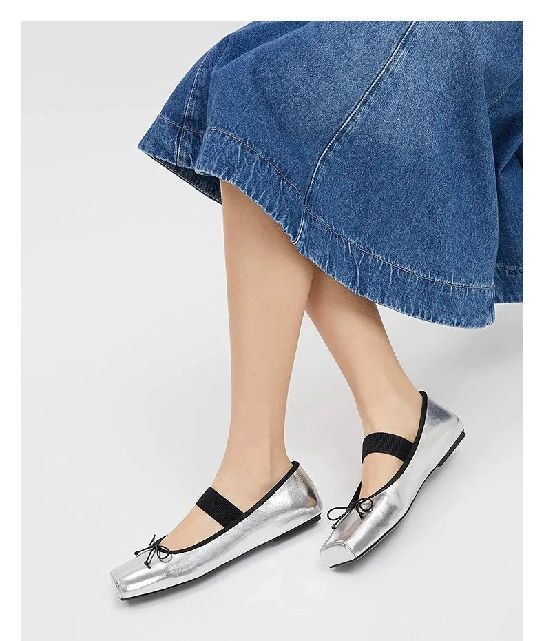 sweet pink silk flat shoes woman square toe bowtie ballet flats silver leather mary janes shoes elastic band moccasions