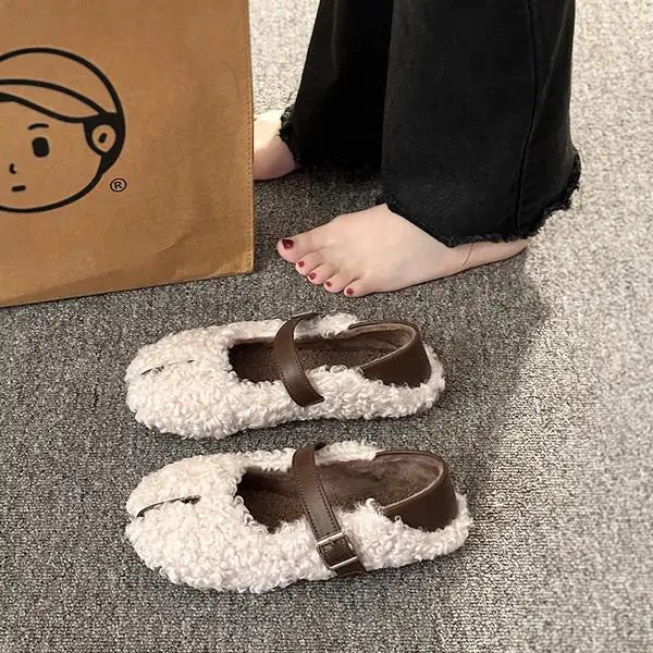 Shoes Woman Flats Loafers Fur Round Toe Casual Sneakers Dress Moccasin Fall Leisure Buckle Strap Flock Rubb
