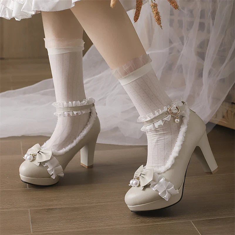 Ankle Strap Lolita Pumps Round Toe Thick High Heels Buckle Ruffles Bow Kawaii Cosplay Shoes Autumn