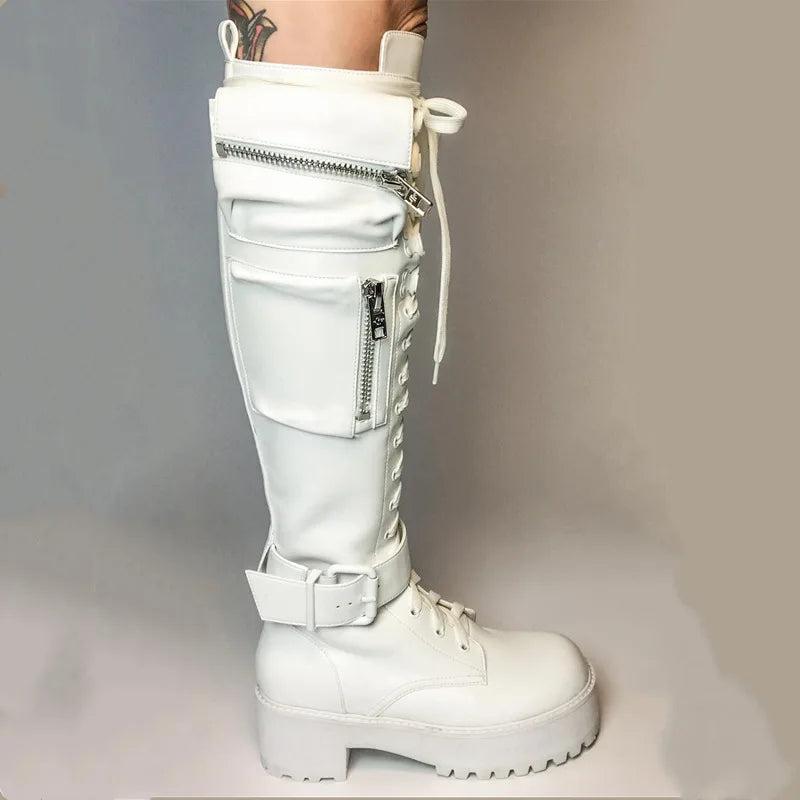 Motorcycle Boots Round Toe Lace-Up Knee High Heels Side Zipper 39 Big Size Goth Punk Free Shipping Shoes