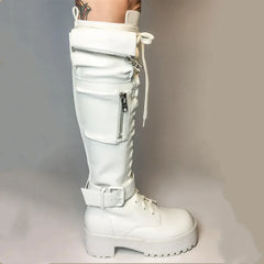 Motorcycle Boots Round Toe Lace-Up Knee High Heels Side Zipper 39 Big Size Goth Punk Free Shipping Shoes