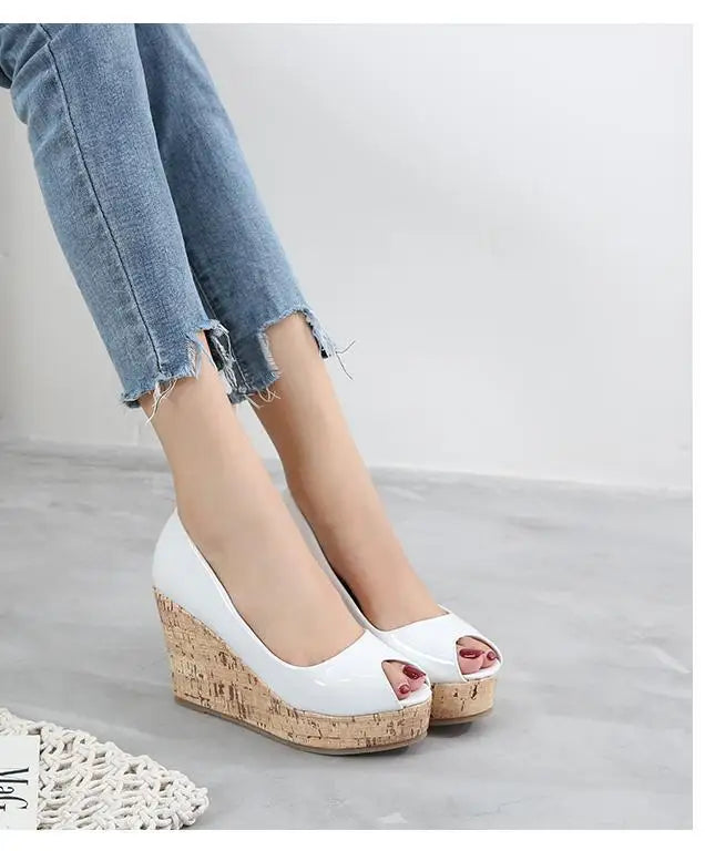 31-43 Wedge Open Toe Shoes High Heel Platform Shoes Patent Leather