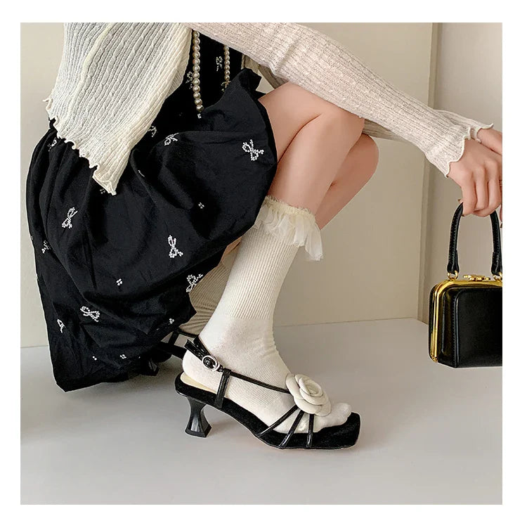 Open Toe Camellia Flower Sandals Square Toe Hollow Strappy Daily Casual High Heels Beach Shoes