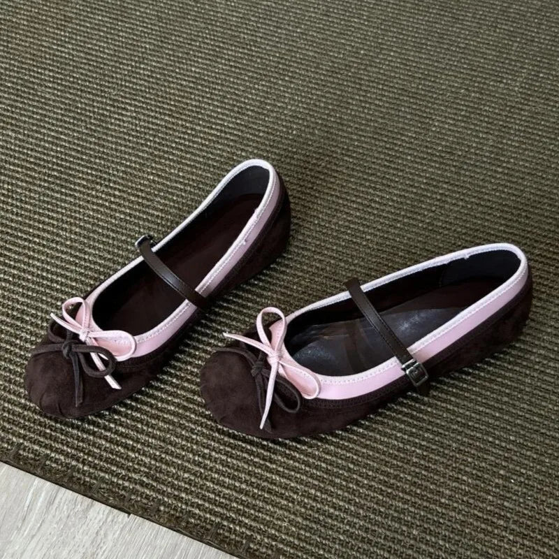 Sweet Bowknot Decoration Ballet Flats Round Toe Suede Patchwork Mary Jane Shoes Comfortable Soft Sole