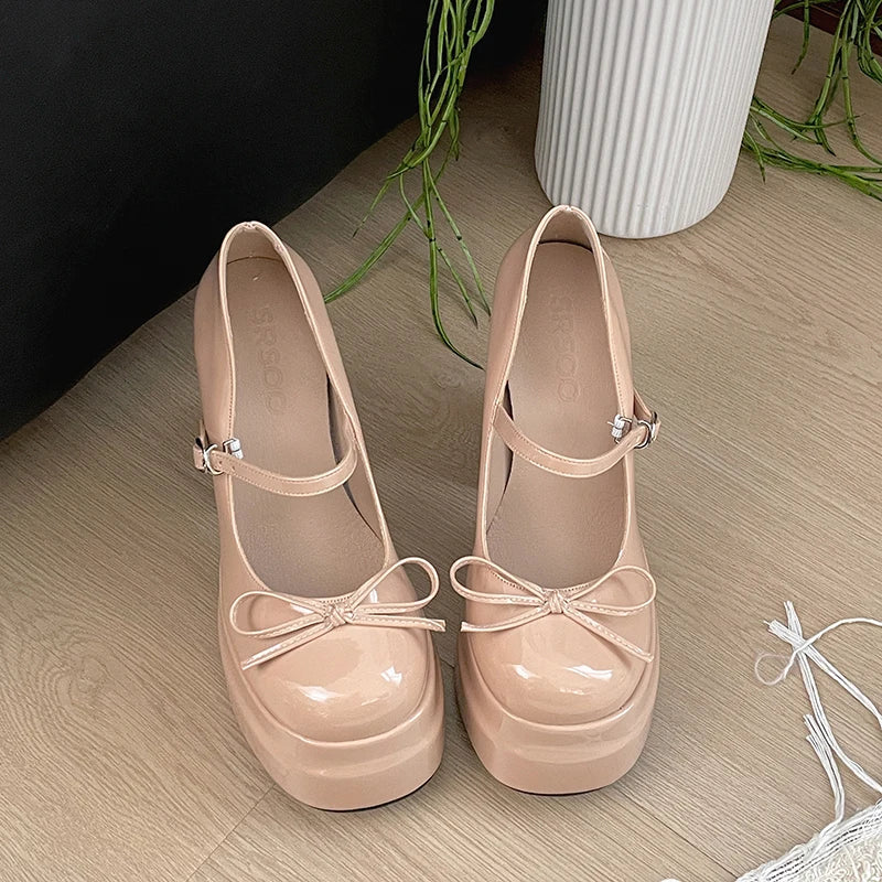Platform Thick Heel Mary Jane Shoes Butterfly-knot Shoes Outdoor Dress Pumps
