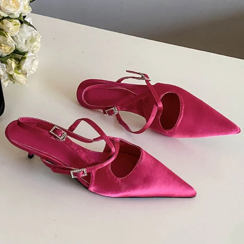 Silk High Heeled Sandals Narrow Band Shallow Low Heel Office Shoes Pointed Toe Pumps Brand Slingback