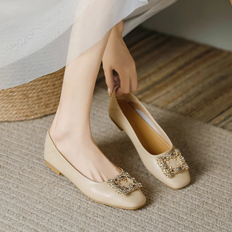 Rhinestone Lace square buckle Square Closed Toe Slip On Flat Shoes Solid