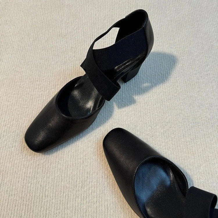 Women'sShoes Square Toe Thick Middle Heel Cross Elastic Cowhide Color Office Shallow Single Shoes