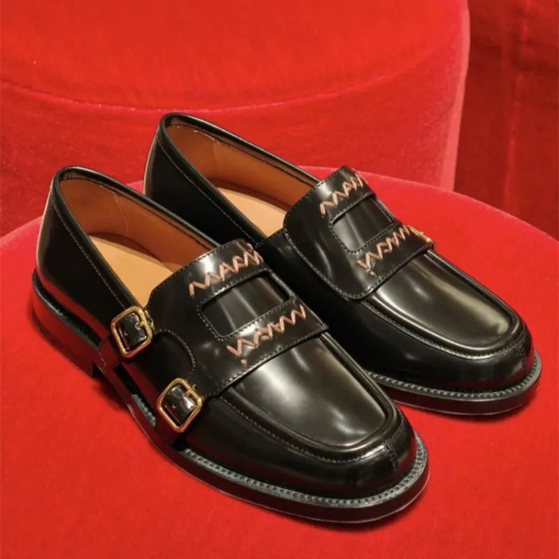 Niche British Style Embroidered Letter Small Leather Shoes Metal Buckle Loafers Shoes