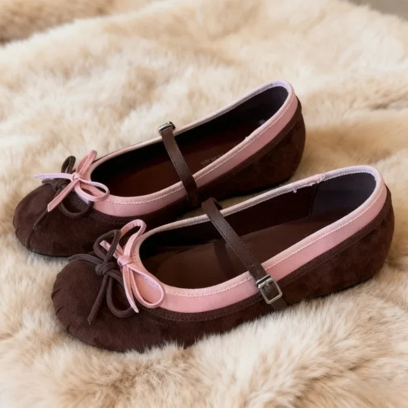 Mixed Color Bow Embellished Ballet Flats