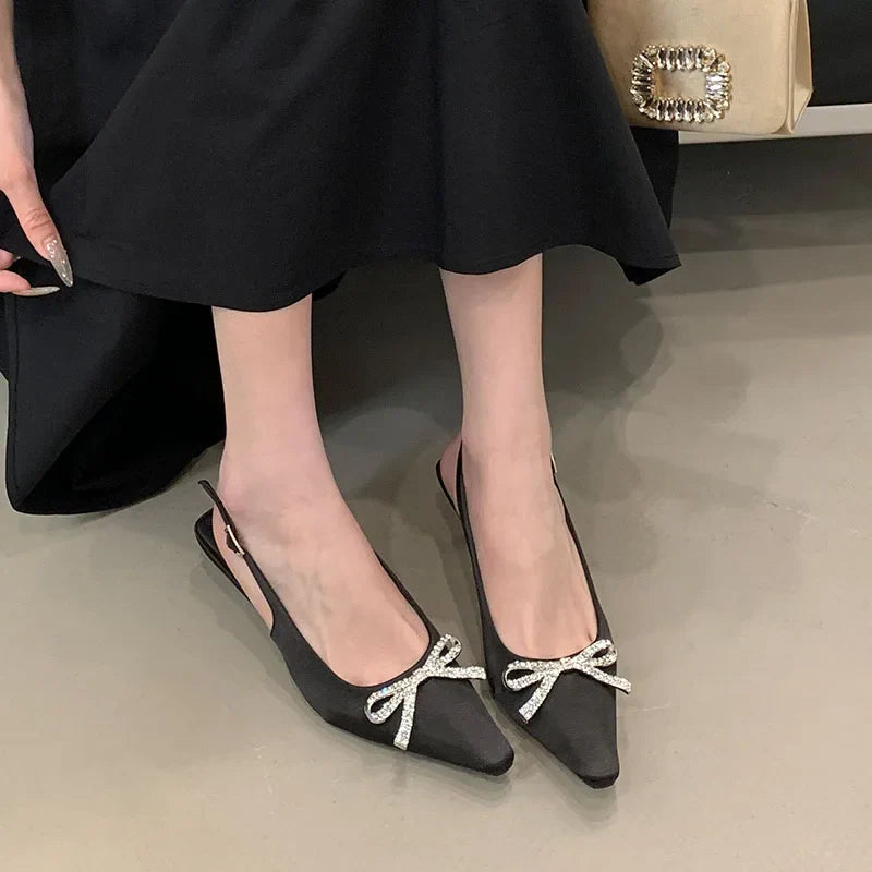 Shallow Medium Heels Sandals Shoes Pointed Toe Footwear Butterfly-Knot Heels Pumps Sandals Shoes