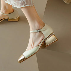 Sheepskin Leather Pumps Pearls Chunky Heels Shoes Brand Two Tone Buckle Pumps Wedding Party Dressy Shoes