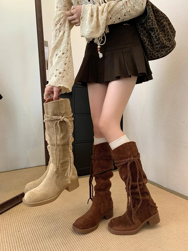 Brown Suede Boots Woman Round Toe Fall Gothic Shoes Chunky Heels Knee High Boots Western Style Shoes