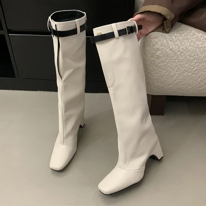 White Square Toe Belt Buckle Shaped Heel Knight Boots Woman Black Slip-On Thick Heel Knee-High Boots Shoes