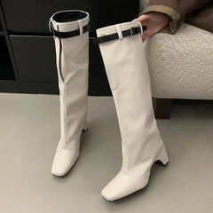 White Square Toe Belt Buckle Shaped Heel Knight Boots Woman Black Slip-On Thick Heel Knee-High Boots Shoes