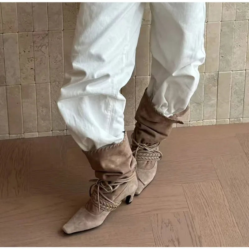 Faux Suede Weave Lace-up Motorcycle Boots High heels Chelsea Western Mid-Calf Short Booties Shoes