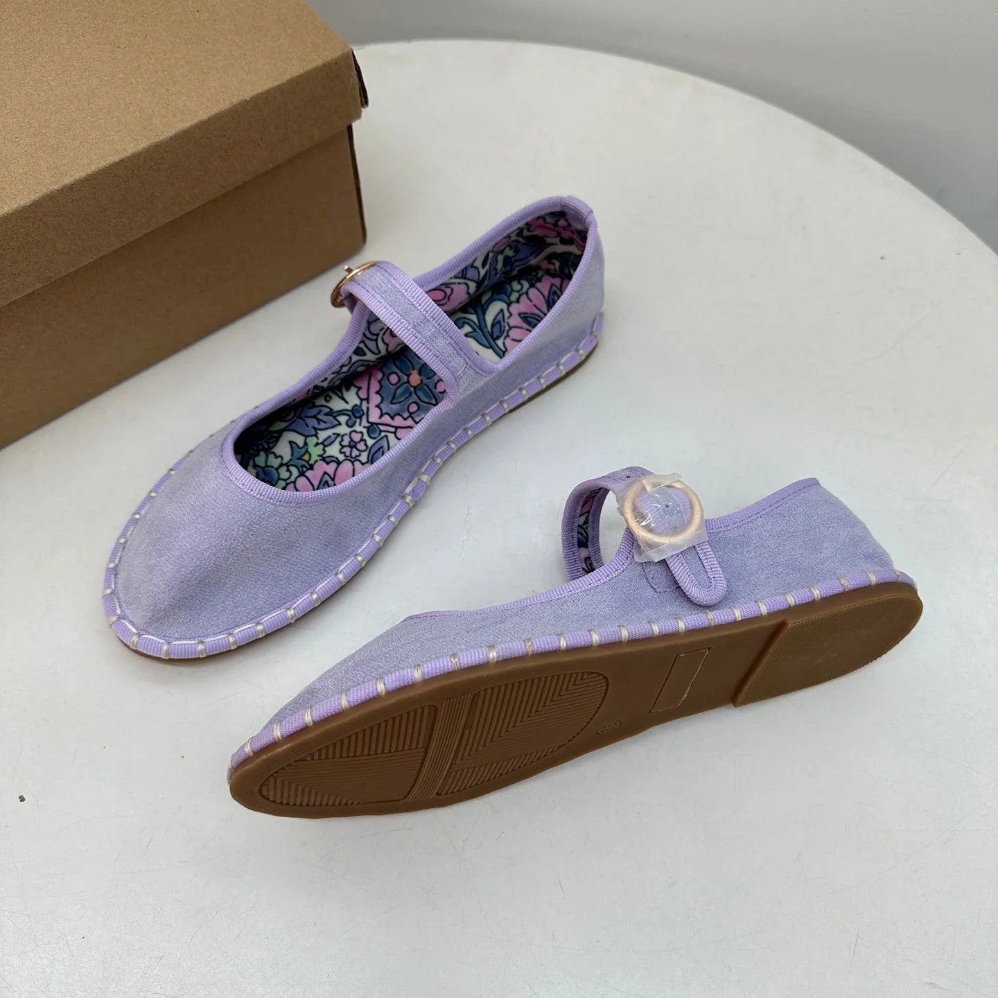 Floral Print Insole Velvet Flats Shoes Hand Stitching Elegant Mary Jeans Shoes Round Toe Ballets Flats Footwear