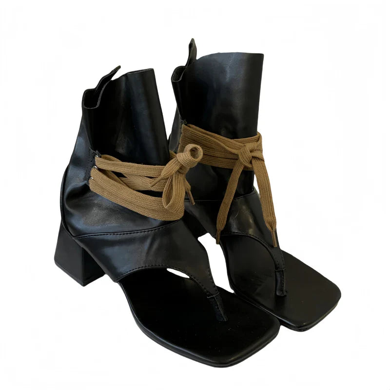 Woman Chunky Heels Boots Thong High-toe Shoes Lace Up High Heels Sandals Trends