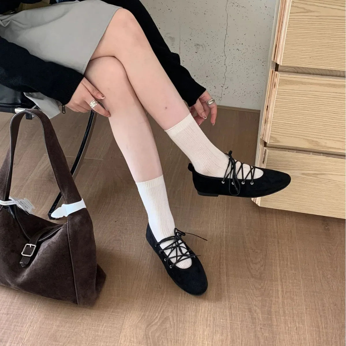 Cross Tied Round Toe Flat Shoes Retro Comfort Shallow Ballet Style Elegant Mary Jane Shoes