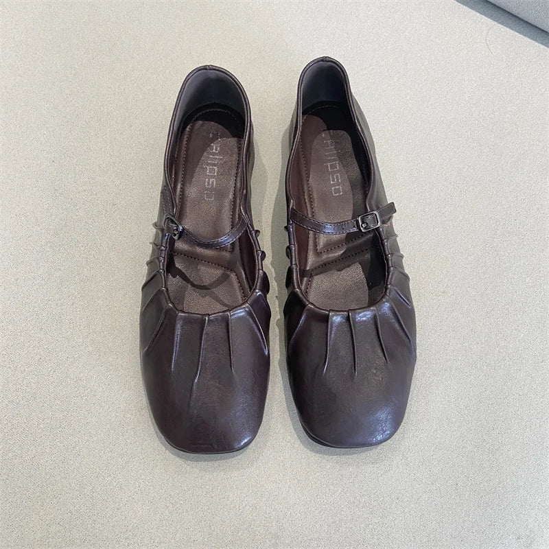 Pleated Mary Janes Flats Shoes Square Toe Pu Leather Comfortable Elegant Red Shoes Shallow Black Ballet Flats