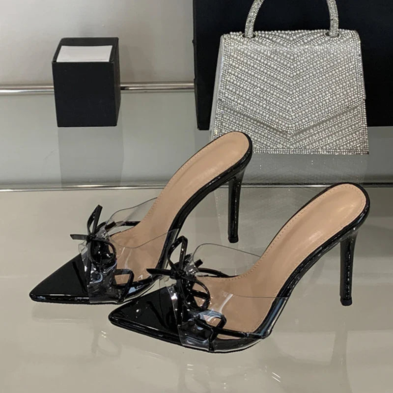Elegant Pointed Toe Red High Heels Transparent Slippers Leather Bowknot Sandal Party