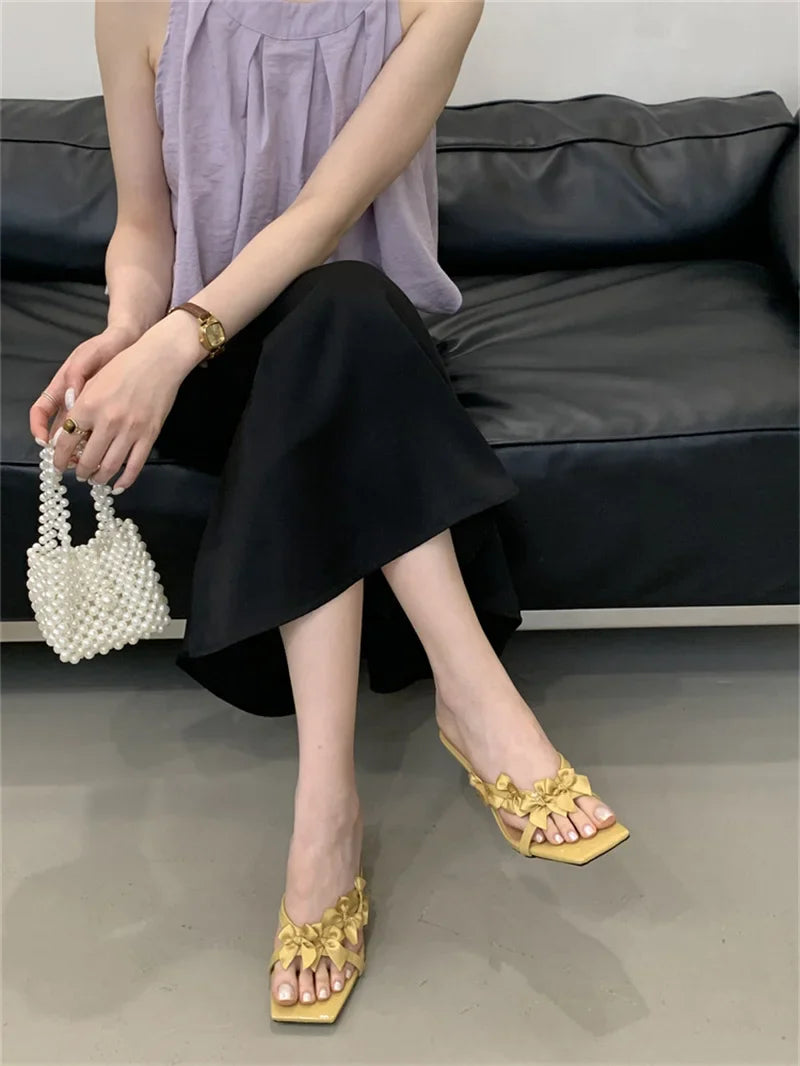 Yellow Silk Flowers Narrow Band Square Toe Mules Low Thin Heels Slippers Gladiator Sandals Shoes