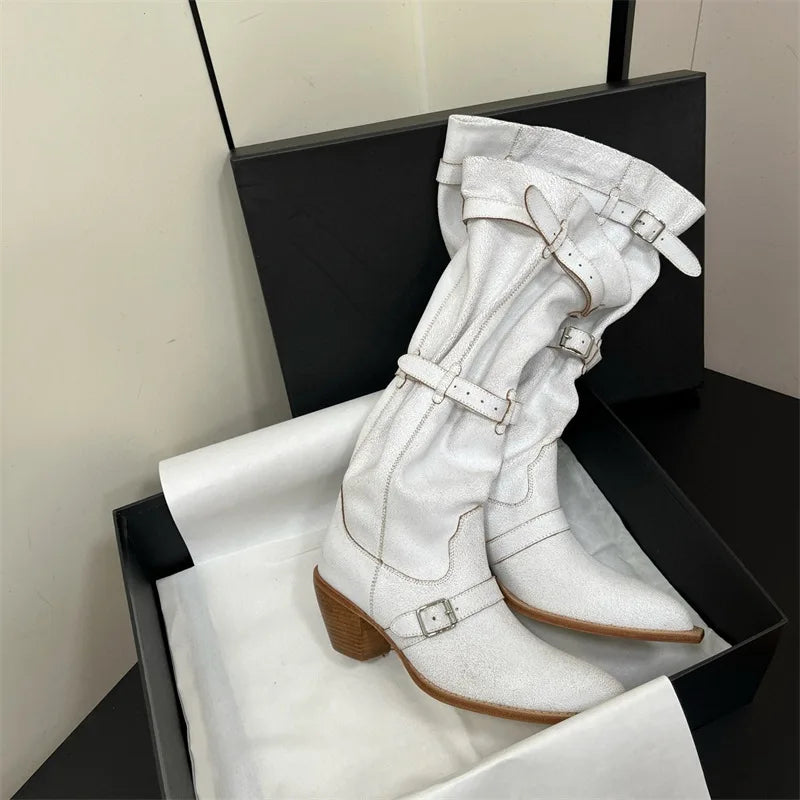 Vintage Pleated Belt Buckle Faux Suede Knee High Boots High heels Western Cowboy Knight Boots Shoes