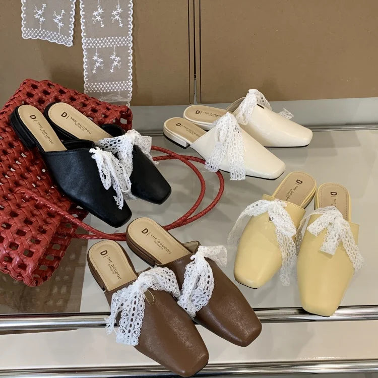 Slippers Casual Flat Shoes Lace Beige Heeled Sandals Slides Cover Toe Slipers Mules Butterfly-Knot Blac