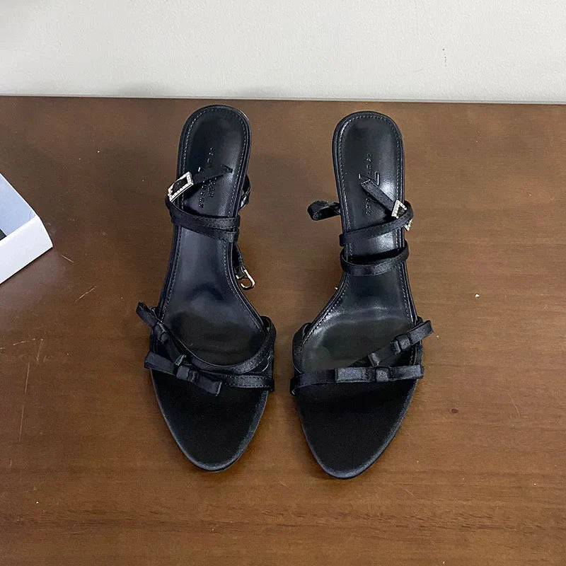 Butterfly-Knot Party High Heels Sandals Shoes Pointed Toe Footwear Ankle Buckle Heeled Sandals Shoes
