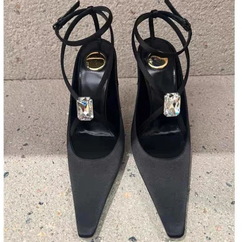 Diamond Silk Thin High Heels Cross-Strap Banquet Crystal Brand Pointed Toe Sandals