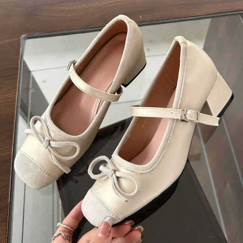 Chunky Mary Jane Shoes Butterfly-knot Elegant Ballet Shoes Retro High Heels Zapatos De Mujer