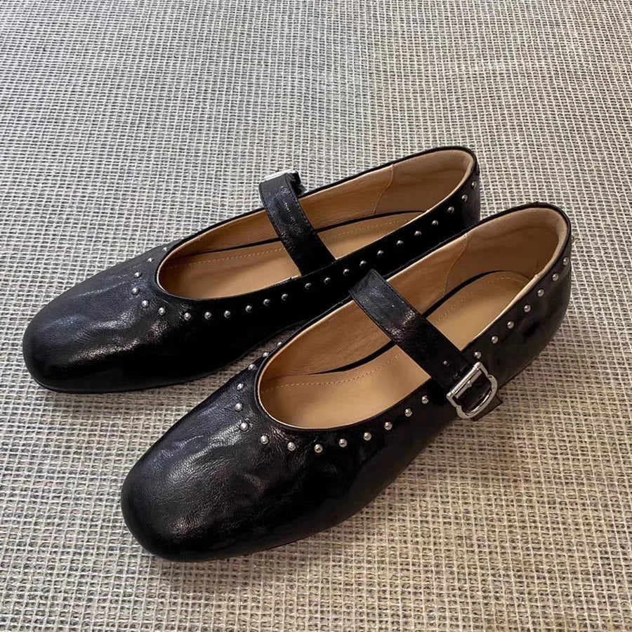 French Retro Mary Jane Ballet Shoes Flat Flat Casual Round Toe Riveted Shallow Mouth Single Shoes