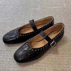 French Retro Mary Jane Ballet Shoes Flat Flat Casual Round Toe Riveted Shallow Mouth Single Shoes