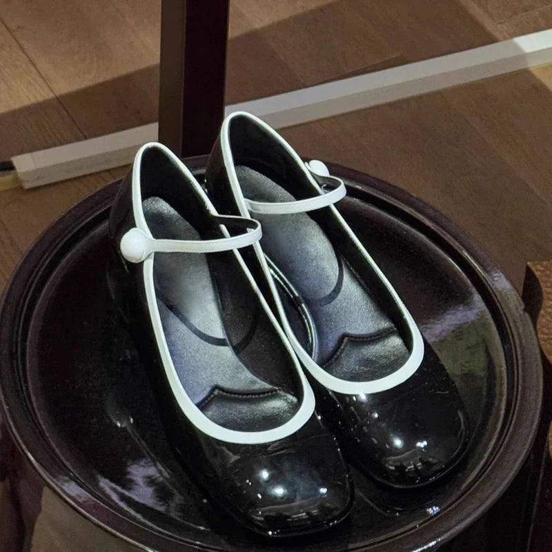 Japanned Leather Mary Janes Woman Color Block High Heels Shoes Belt Buckle Tacones Wedges Chunky Heeled Escarpins Mujer