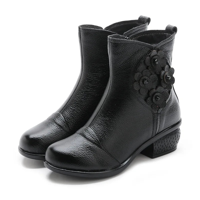 Casual Pu Leather Shoes Ethnic Style Flower Ankle Boots Soft Sole