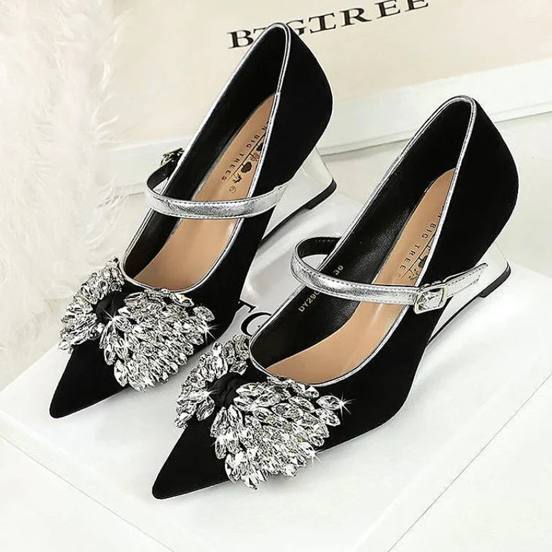 Rhinestone Design Wedge Shoes Shallow Elegant Pointed Toe Pumps Diamond Butterfly-knot High Heels Zapatos De Mujer