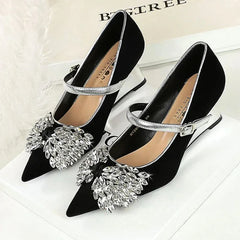Rhinestone Design Wedge Shoes Shallow Elegant Pointed Toe Pumps Diamond Butterfly-knot High Heels Zapatos De Mujer