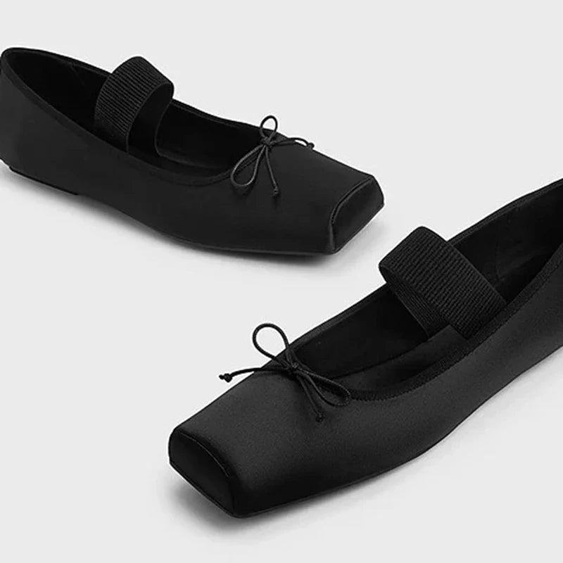 sweet pink silk flat shoes woman square toe bowtie ballet flats silver leather mary janes shoes elastic band moccasions