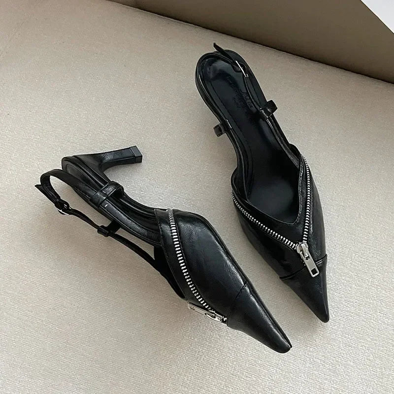 Pointed Toe Mules Pump Zip Design Slingbacks High Heels Footwear Elegant Brand Shoes