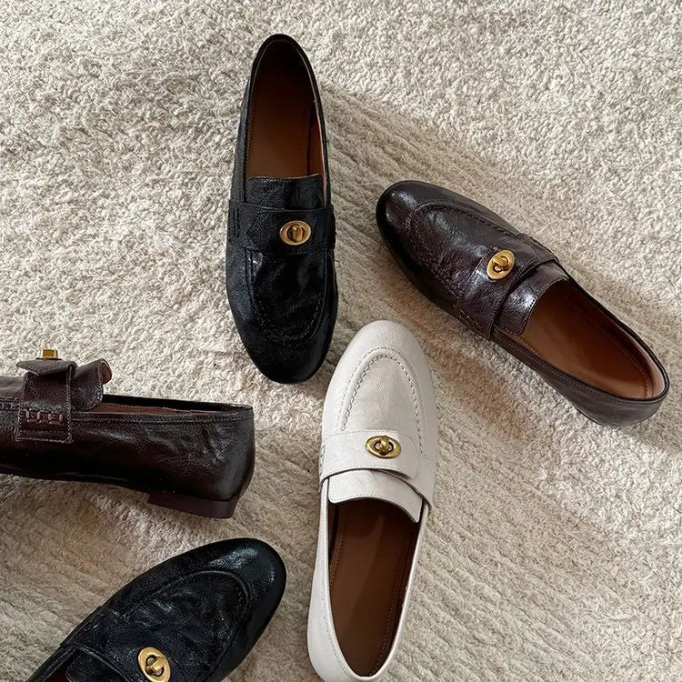 Genuine Calfskin Slip On Round Toe Square Heel Shallow Casual Outdoor Shoes