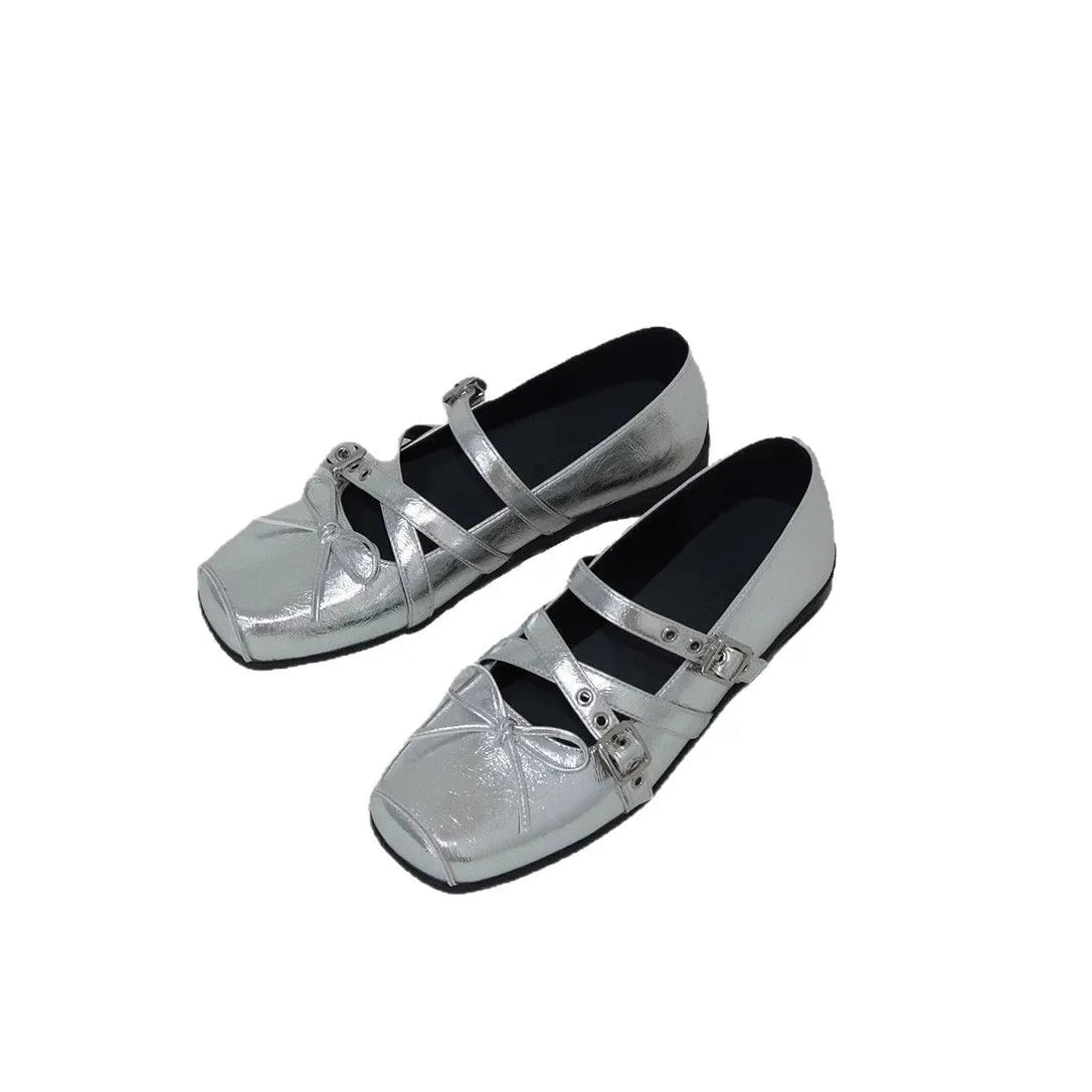 Rivet Decorated Ballet Flat Shoes with Bow Design Shoes with Square Toe Buckle Shallow Mouth Loafers