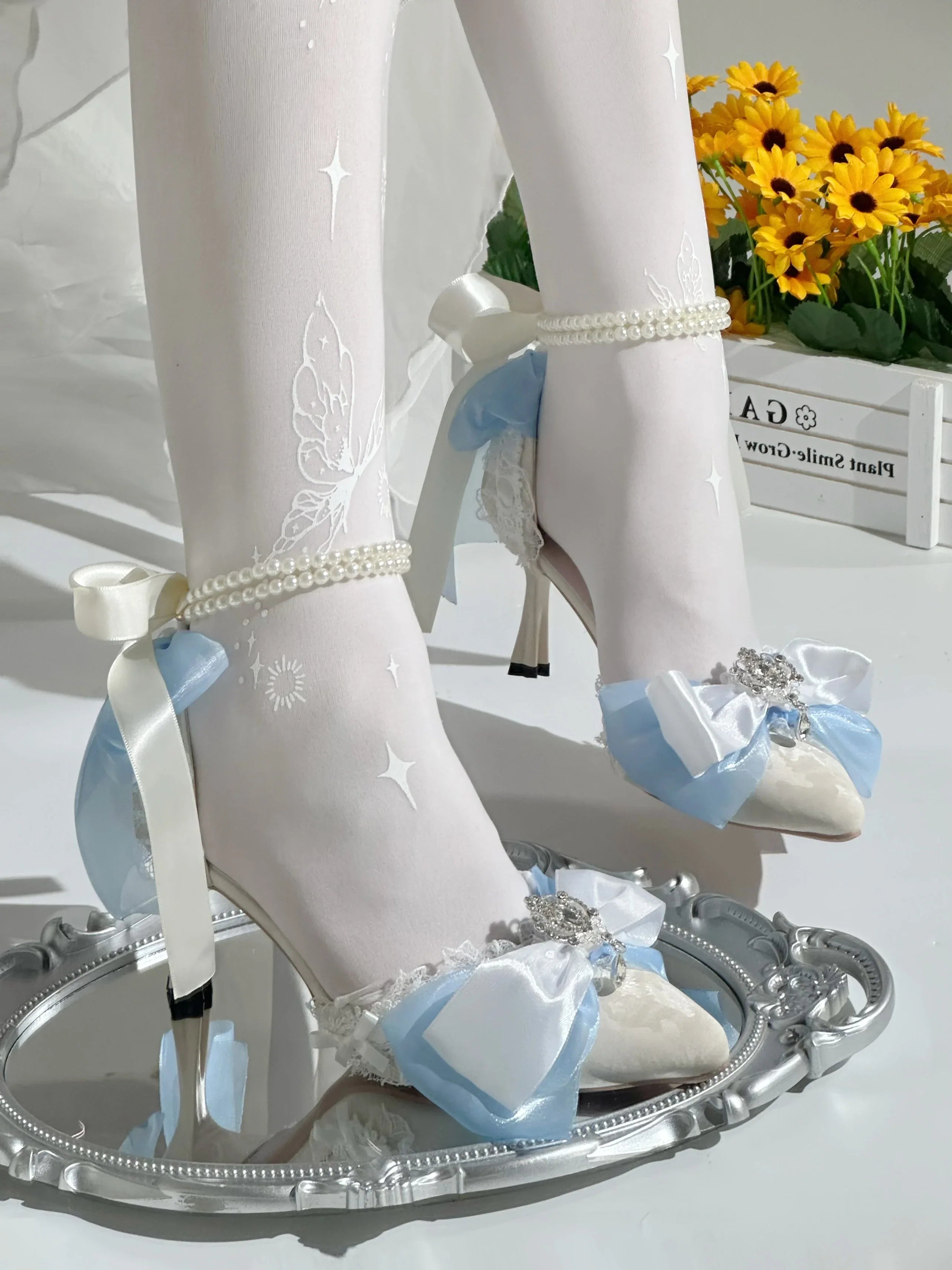 Lolita Shoes High Heels Elegant Pointed Wedding Party Stiletto Sandals Chain Pearl Pumps Princess Comfort