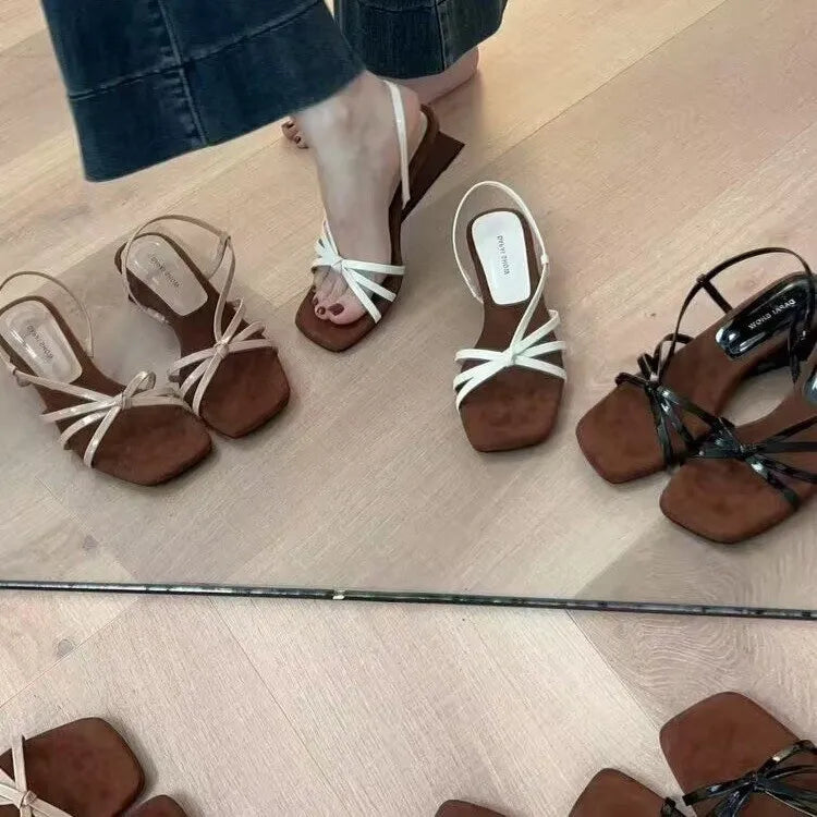 Kitten High Heels Open Toe Sandals Cross Narrow Band Low Slippers Stylish Comfortable Multi-work Shoes Flat Heels