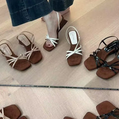 Kitten High Heels Open Toe Sandals Cross Narrow Band Low Slippers Stylish Comfortable Multi-work Shoes Flat Heels
