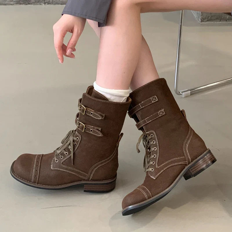 Design Narrow Band Lace-up Knee-High Boots Vintage Round Toe Square Low Heels Shoes