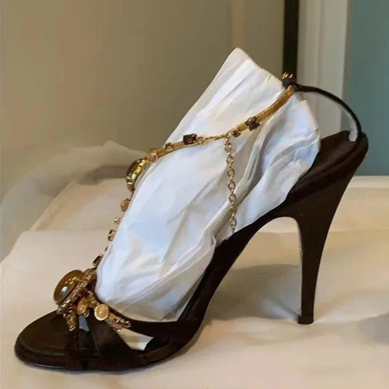 Bohemian Style Gem Ankle Strap Sandals Silk Open Toe Gladiator High Heels Wedding Prom Shoes Zapatos Mujer