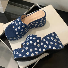 Flower Platform Wedges Woman Slippers Open Toe Chunky High Heels Slides Shoes